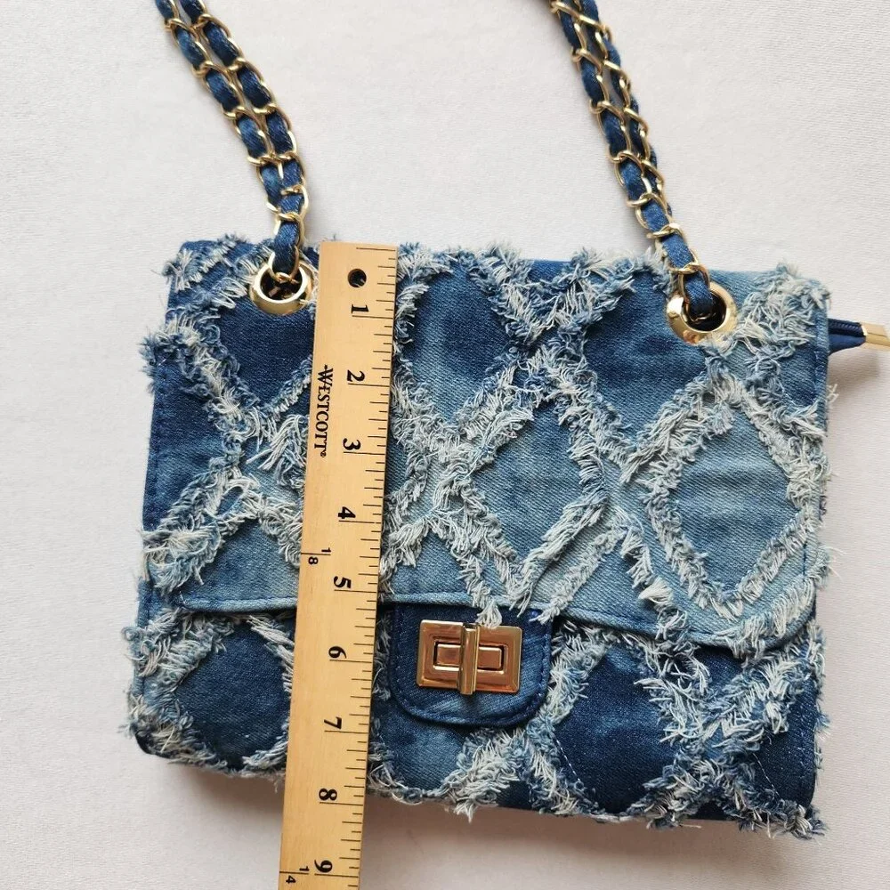 M. Marco MKP Quilted Distressed Denim Jean Handbag Crossbody Gold Chain Y2K 90s - Picture 11 of 12